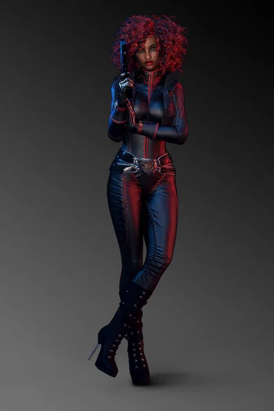 アーバンファンタジーやガン付きブラックレザーのサイバーパンク女性 — ストック写真