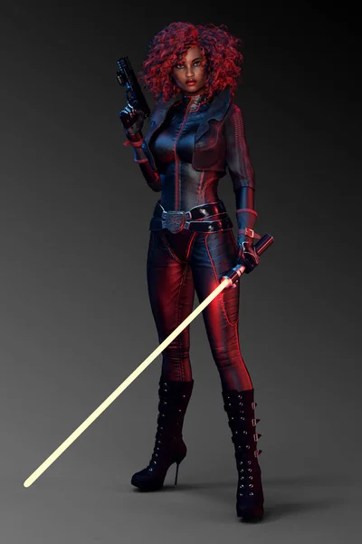 Sci Fi, Urban Fantasy or Cyberpunk Woman in Black Leather with Gun and Electro Blade