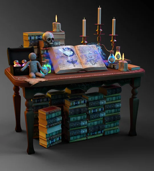 マジックブックとポーション付きマジックスペルテーブル — ストック写真