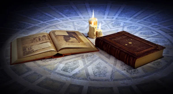Μαγικό Ξόρκι Βιβλία Μαρμάρινο Πάτωμα Κερί — Φωτογραφία Αρχείου
