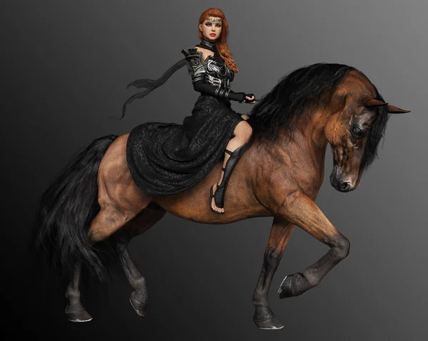 Rainha Fantasia Black Riding Bay Cavalo Barroco — Fotografia de Stock