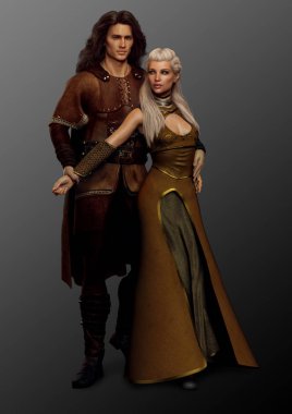 Cgi Ortaçağ veya Viking adam ve fantezi elbise kadın