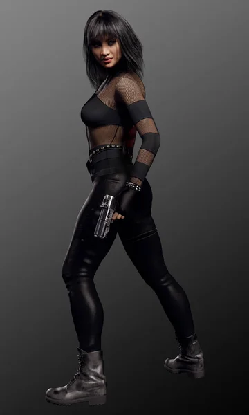 Sci Urban Fantasy Mujer Negro Con Pistolas Dual —  Fotos de Stock