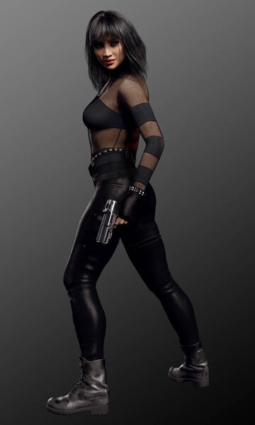 Sci Fi Urban Fantasy Woman in Black with Dual Pistols