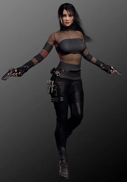 Sci Urban Fantasy Woman Black Dual Pistols — Stock Photo, Image