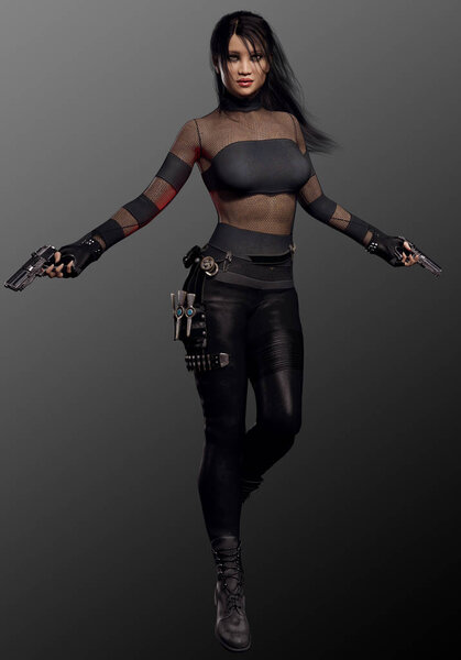 Sci Fi Urban Fantasy Woman in Black with Dual Pistols