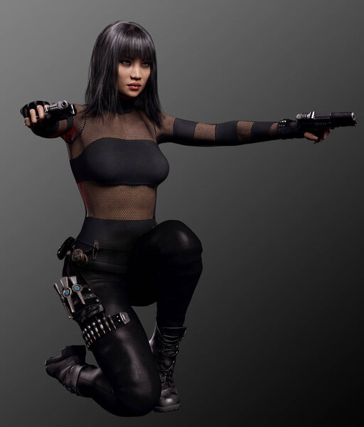 Sci Fi Urban Fantasy Woman in Black with Dual Pistols