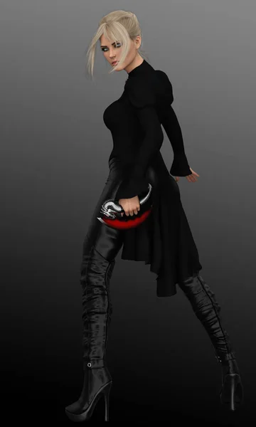 Blonde Witch or Mage in Black Leather Pants, Boots and Long Black Jacket
