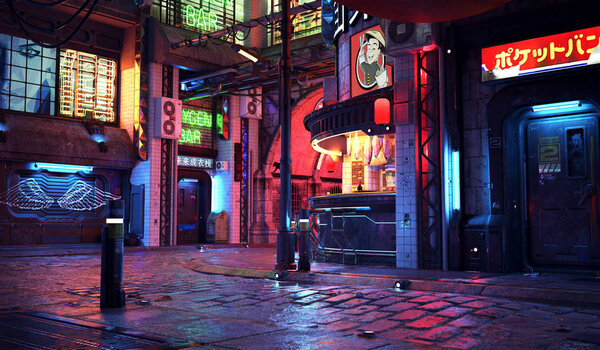 Cyberpunk or Sci Fi City at Night with Neon Lights