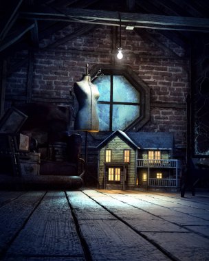 Spooky Dark Attic with Doll House clipart