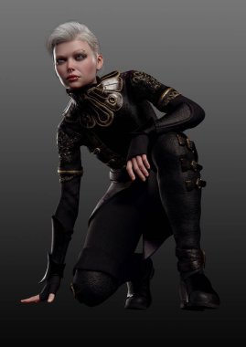 Soluk SciFi, Steampunk veya Siyah Zırhlı Beyaz Saçlı Fantezi Suikastçısı