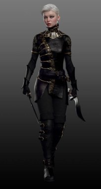 Soluk SciFi, Steampunk veya Siyah Zırhlı Beyaz Saçlı Fantezi Suikastçısı