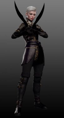 Soluk SciFi, Steampunk veya Siyah Zırhlı Beyaz Saçlı Fantezi Suikastçısı