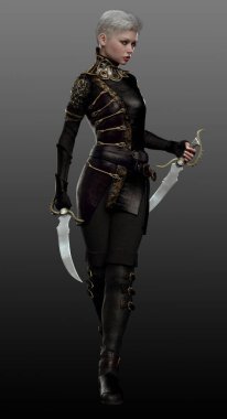 Soluk SciFi, Steampunk veya Siyah Zırhlı Beyaz Saçlı Fantezi Suikastçısı