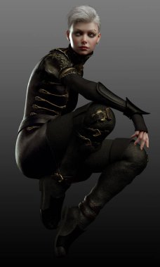 Soluk SciFi, Steampunk veya Siyah Zırhlı Beyaz Saçlı Fantezi Suikastçısı