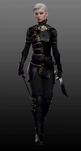 Blada Scifi Steampunk Czy Fantasy Assassin Siwymi Włosami Czarnej Skórzanej — Zdjęcie stockowe