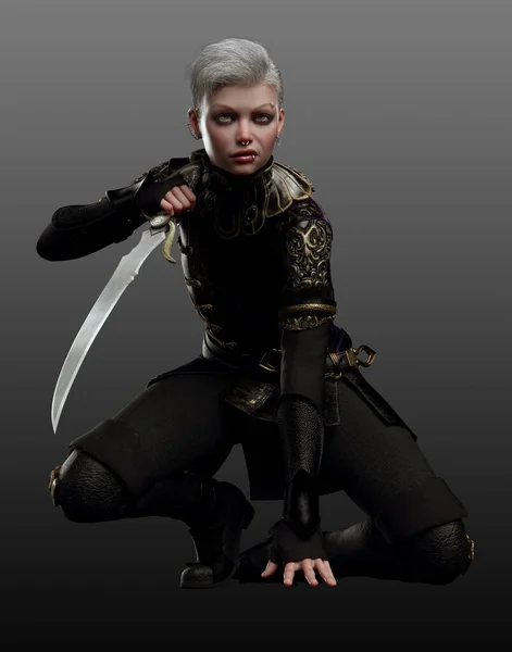 Pale Scifi Steampunk Fantasy Assassin White Hair Black Leather Armor — 스톡 사진