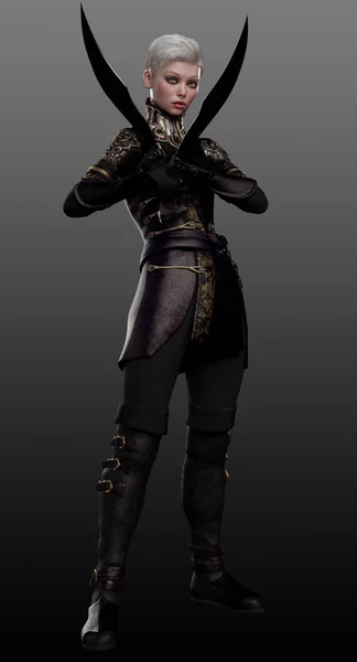 Bleke Scifi Steampunk Fantasy Assassin Met Wit Haar Zwart Lederen — Stockfoto