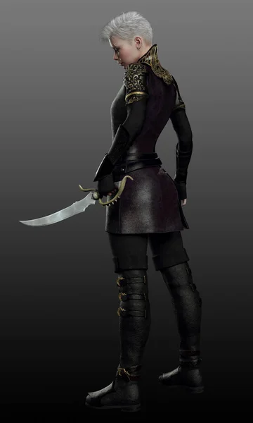 Bleke Scifi Steampunk Fantasy Assassin Met Wit Haar Zwart Lederen — Stockfoto