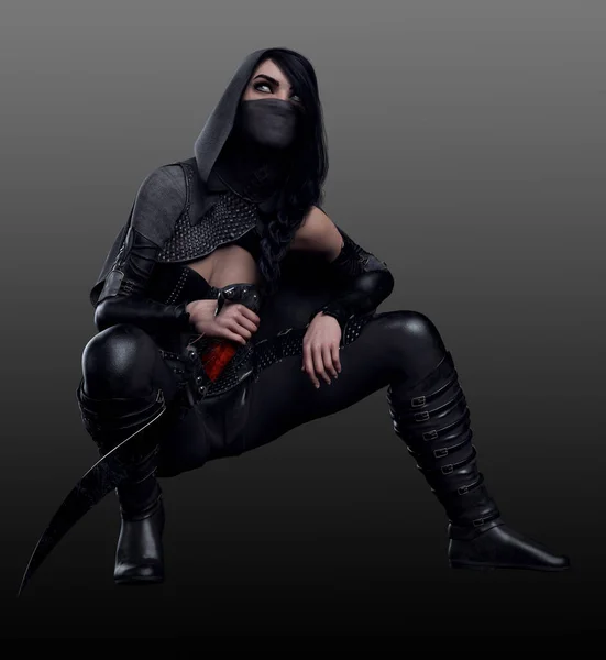 Hooded Rogue Assassin Black Leather — Stock Photo, Image