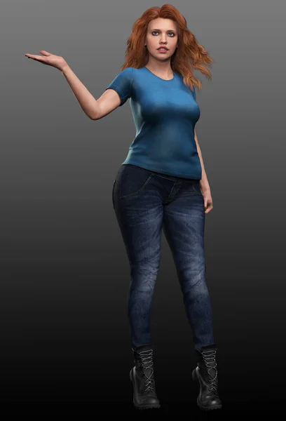 Red Haired Bbw Jeans Tshirt Action Poses — стокове фото