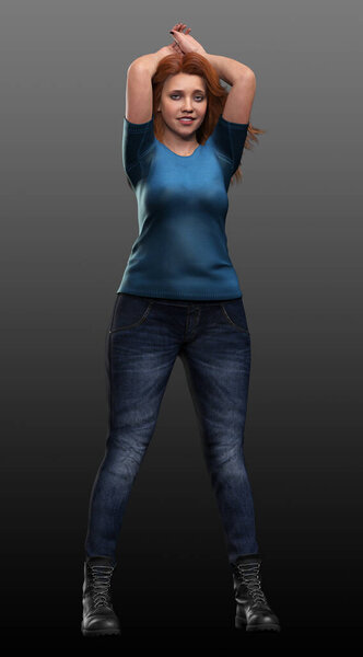 Red Haired BBW in Jeans and Tshirt in Action Poses