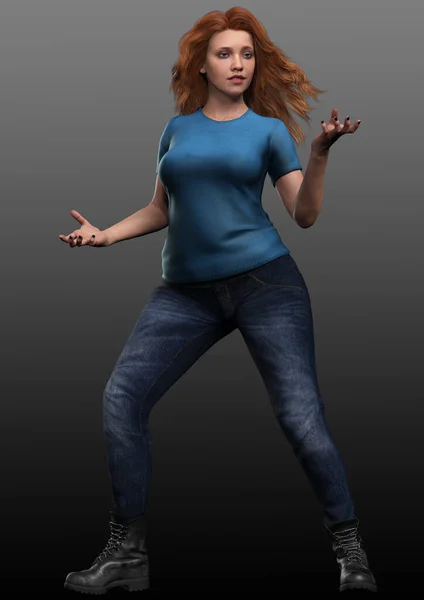 Red Haired Bbw Jeans Tshirt Action Poses — стокове фото