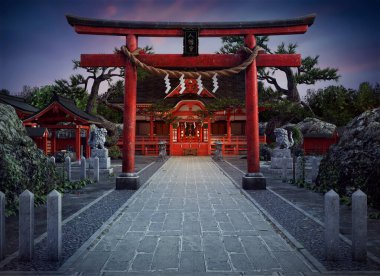 CGI Render of Japanese Shrine or Temple Building Exterior with Torii Gate clipart