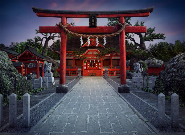 CGI Render of Japan Shrine or Building Exterior with Torii Gate
