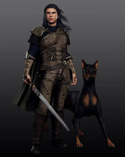 Young Assassin Leather Armor Sword Doberman Dog — Stock Photo, Image