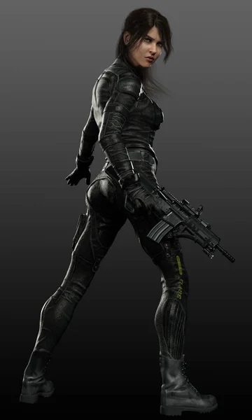 Sci Dystopian Fighter Woman Μαύρο Δερμάτινο Οπλοστάσιο — Φωτογραφία Αρχείου