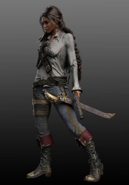Female Steampunk Pirate Woman with Sword and Pistol clipart