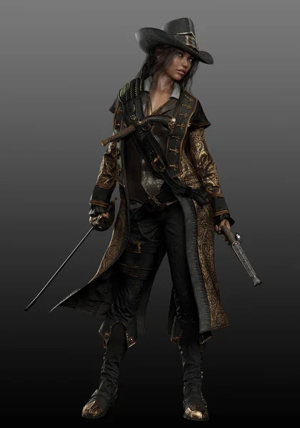 Female Steampunk Pirate Woman Sword Pistol — Stock Photo, Image