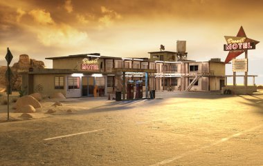 Route 66 Desert Motel with Tumbleweeds and Gas Pumps clipart