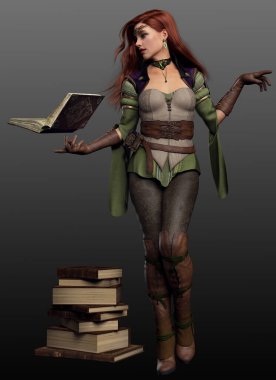 Yeşil Deri Giyen Uzun Kızıl Saçlı Fantazi Büyücüsü