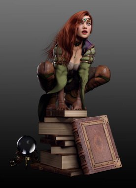 Yeşil Deri Giyen Uzun Kızıl Saçlı Fantazi Büyücüsü