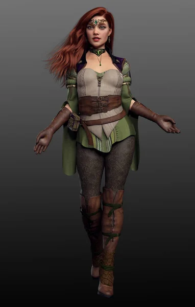 Fantasy Mage in Green Leather with Long Red Hair