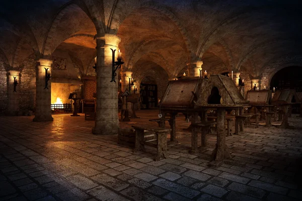 Средневековый Сценарий Письменными Столами Камином — стоковое фото