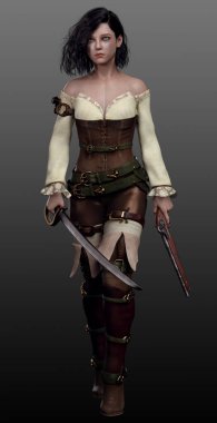 Genç Steampunk ya da Pistol ve Cutlass 'lı Fantezi Korsan Kadın