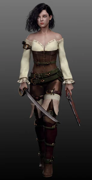 Joven Steampunk Fantasía Pirata Mujer Con Cutlass Pistola —  Fotos de Stock