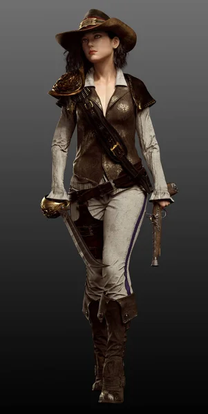 Giovane Steampunk Fantasy Pirata Donna Con Cutlass Pistola — Foto Stock