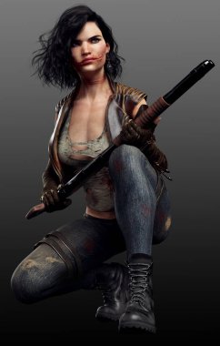 Yaralı yüzlü ve pompalı tüfekli Urban Fantasy Dystopian Woman