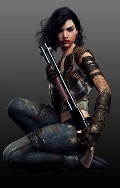 Yaralı yüzlü ve pompalı tüfekli Urban Fantasy Dystopian Woman