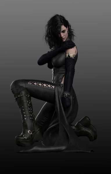 Sexig Vampyr Häxa Urban Fantasy Woman Svart Läder — Stockfoto