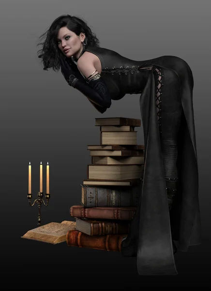 Sexig Vampyr Häxa Urban Fantasy Woman Svart Läder — Stockfoto