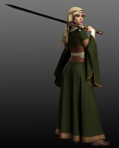 Fantasy Średniowieczna Kobieta Średniowieczu Bliaut — Zdjęcie stockowe