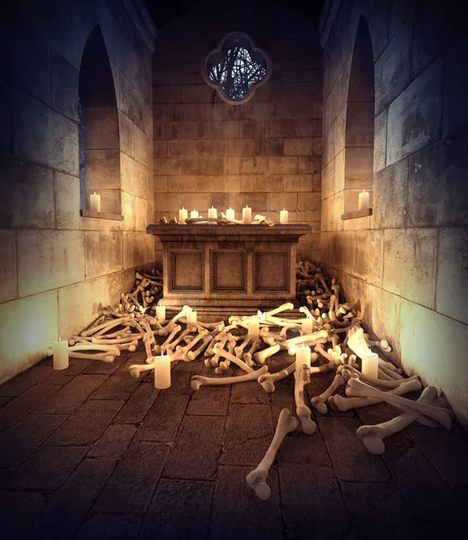 Fantasy Halloween Necropolis Kripta Oltárral Csontokkal — Stock Fotó