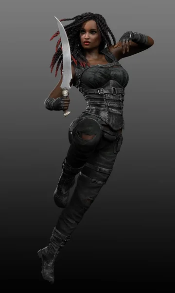 Fantasy Dystopian PoC Fighter with Daggers and Dreadlocks