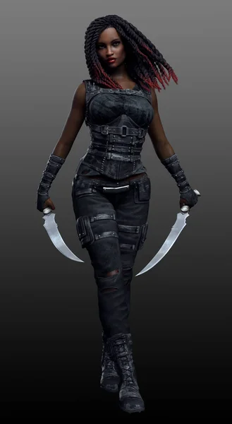 Fantasy Dystopian PoC Fighter with Daggers and Dreadlocks