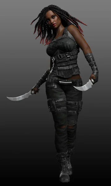 Fantasy Dystopian PoC Fighter with Daggers and Dreadlocks